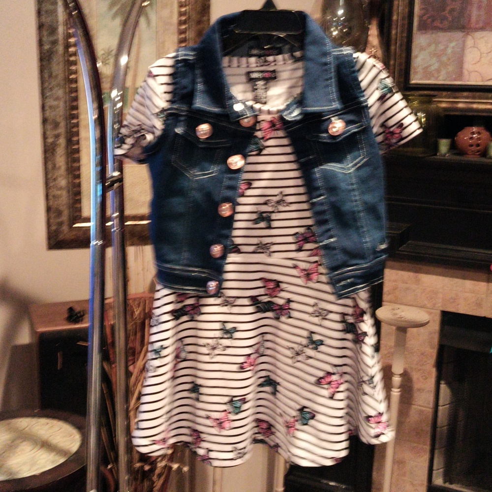FINAL PRICE NWT Limited Too Black/White Striped Dress w Butterflies & Denim Vest - Picture 2 of 8